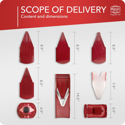 Mandoline Food Slicer Börner V1 (Profi Set) by Reston Lloyd • V-Slicer with 4 Inserts, Docking Station & Food Holder • Made in Germany • Fruit & Vegetable Chopper • Multiple Settings • Color: Red