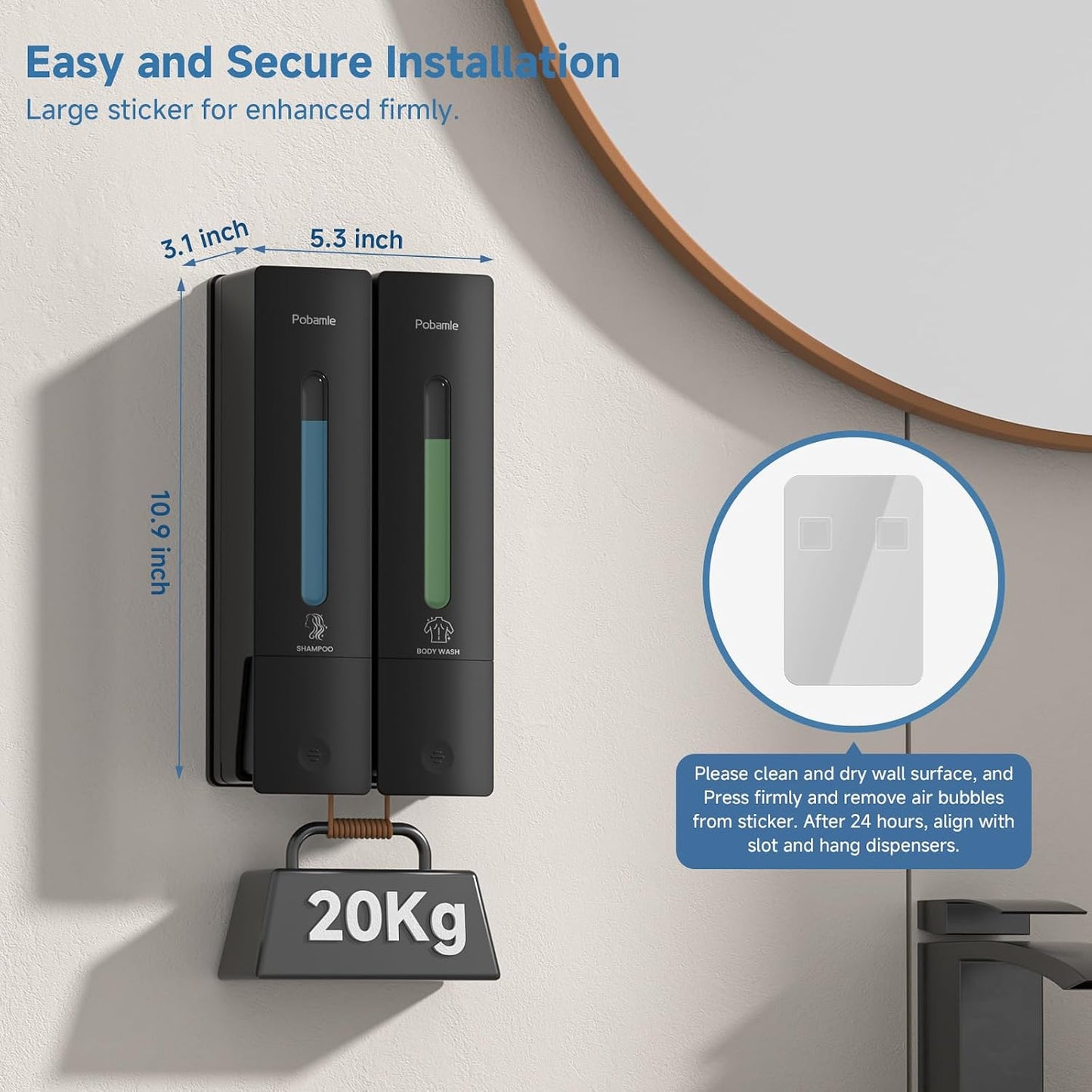 Shampoo and Conditioner Dispenser - Shower Soap Dispenser Wall Mounted No Drill - Shampoo Conditioner Body Wash Dispenser 3 Chamber - Easy Install for Bathroom Hotel Black 1200ml