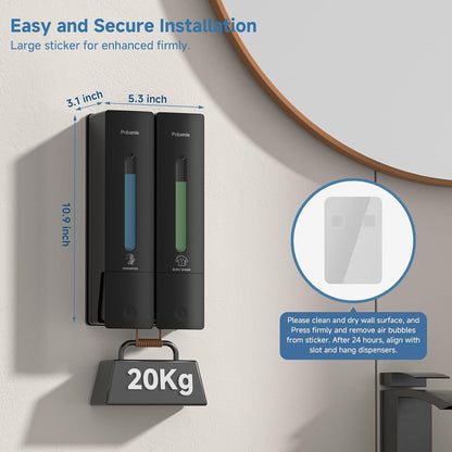 Shampoo and Conditioner Dispenser - Shower Soap Dispenser Wall Mounted No Drill - Shampoo Conditioner Body Wash Dispenser 3 Chamber - Easy Install for Bathroom Hotel Black 1200ml