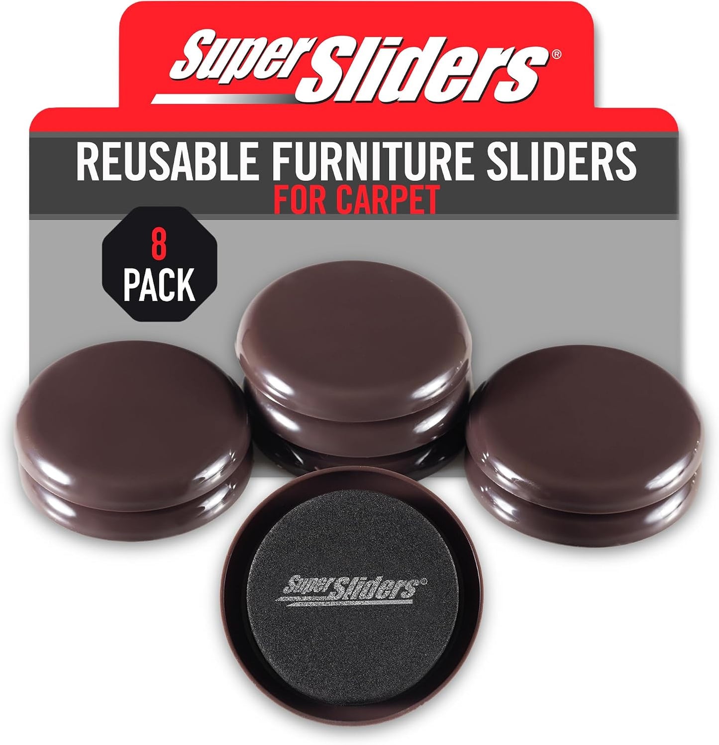 Super Sliders 2-1/2" Round Reusable Furniture Sliders for Carpet, Anti-Slip Protective Furniture Moving Pads for Beds, Sofas, Dressers, Set of 8, Brown