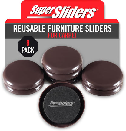 Super Sliders 2-1/2" Round Reusable Furniture Sliders for Carpet, Anti-Slip Protective Furniture Moving Pads for Beds, Sofas, Dressers, Set of 8, Brown