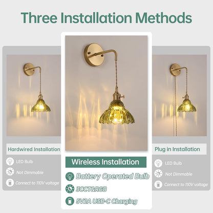 Shenmoyl Battery Operated Wall Sconce Wall Lamp with Green Lily of the Valley Shade Pattern Glass Adjustable Chain Retro Gold Wall Mounted Light, Modern Wall Lamp Fixtures Decor for Bedside Bedroom