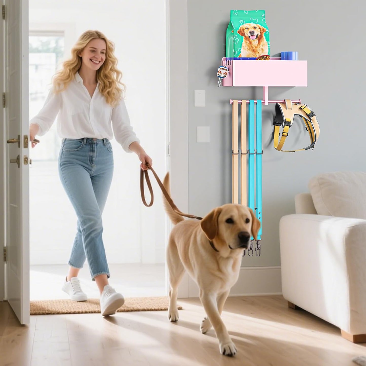 Dog Leash Holder for Wall, Dog Leash Hooks, Pet Stuff Organizer with Shelf Storage, Metal Key Holder, Leash Hangers Organizer Rack for Pet Collar, Toys, Treats, Poop Bag (Black)