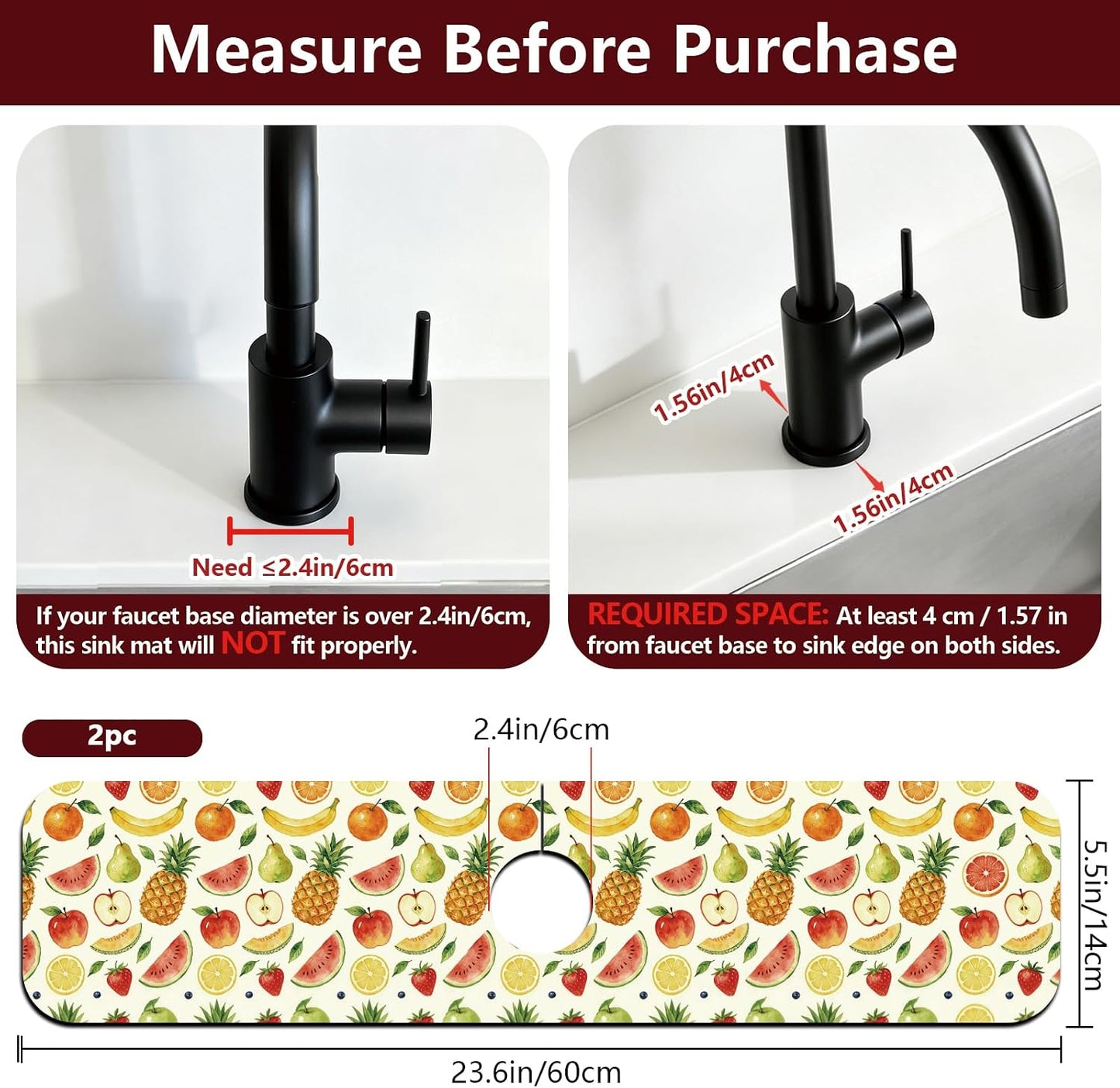 2Pcs Peonies Kitchen Sink Splash Guard Faucet Mat Vintage Florals Faucet Mat For Bathroom Kitchen 5.5x23.6In