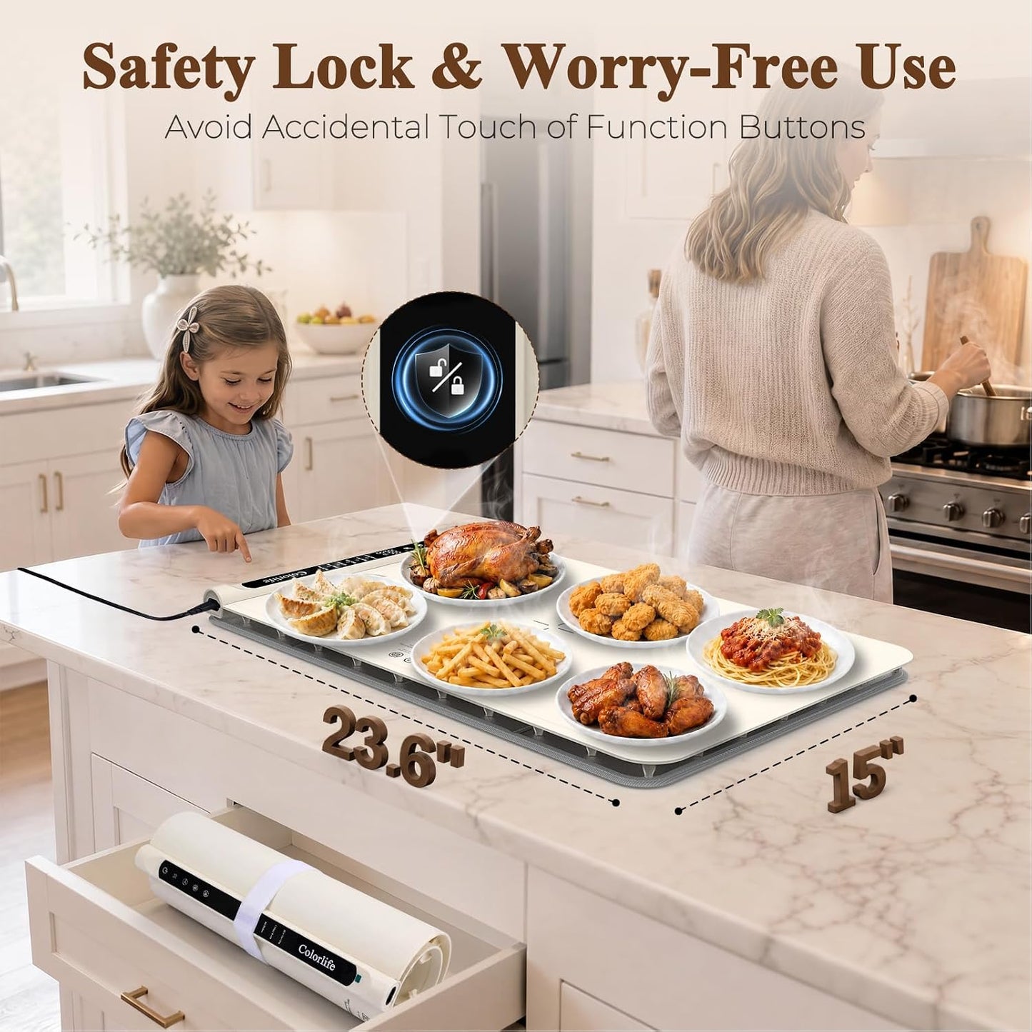 Warming Mat for Food, Electric Warming Tray with Heat-Resistant Pad-L Grey | Colorlife 6 Preset Modes, 7 Temps, 6H Timer, Child Lock, Auto-Memory, Rollable Silicone Food Warmer for Buffet, Parties