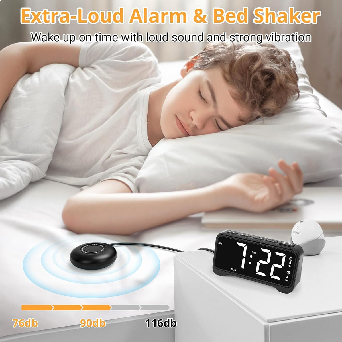 Vibrating Alarm Clock for Heavy Sleepers, 3-Level Bed Shaker, Dual Alarms