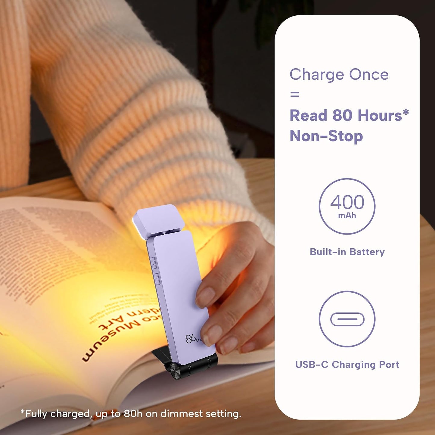 86lux Book Light, Rechargeable Reading Lights for Books in Bed | Ultralight Clip-on LED Bookmark Lamp with 3 Amber Colors & Stepless Dimming for Night Reading for Book Lovers, Ashen