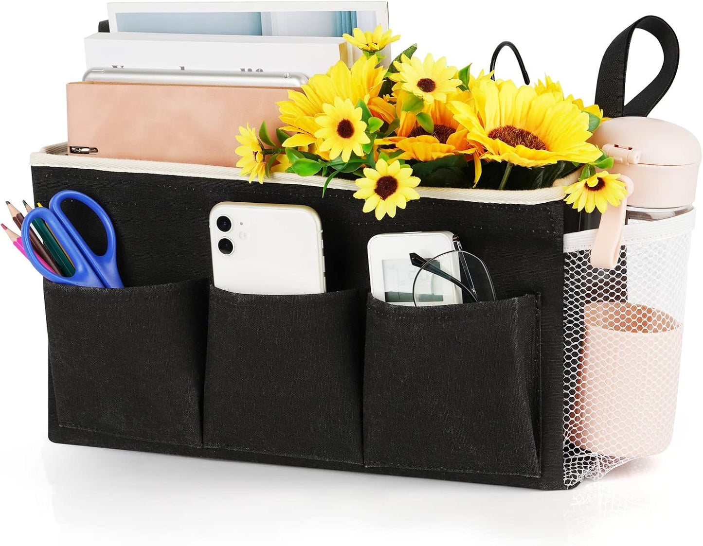 Bedside Caddy, Bedside Storage Bag Hanging Organizer for Bunk Dorm Bed Rail | Bed Caddy with Hooks, Top Bunks and Dorm Essentials for Water, Tissues, Tablets, Books, Phones, Remotes and Other Necessories