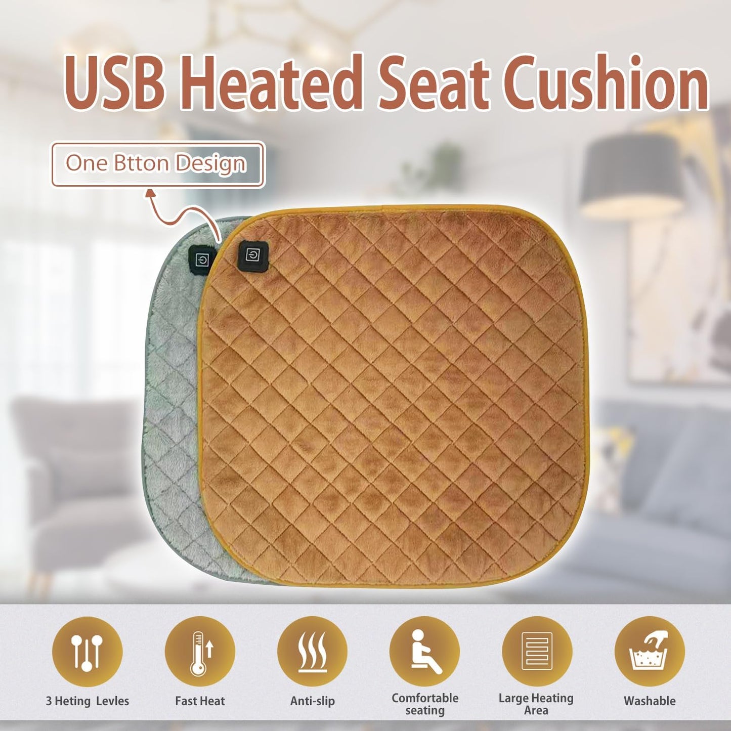 Portable Electric Heating Pad for Office Chair USB Large Size Heated Seat Cushion 3 Temperature Settings Fast Heat Seat Warmer Machine Washable 18x18in Grey