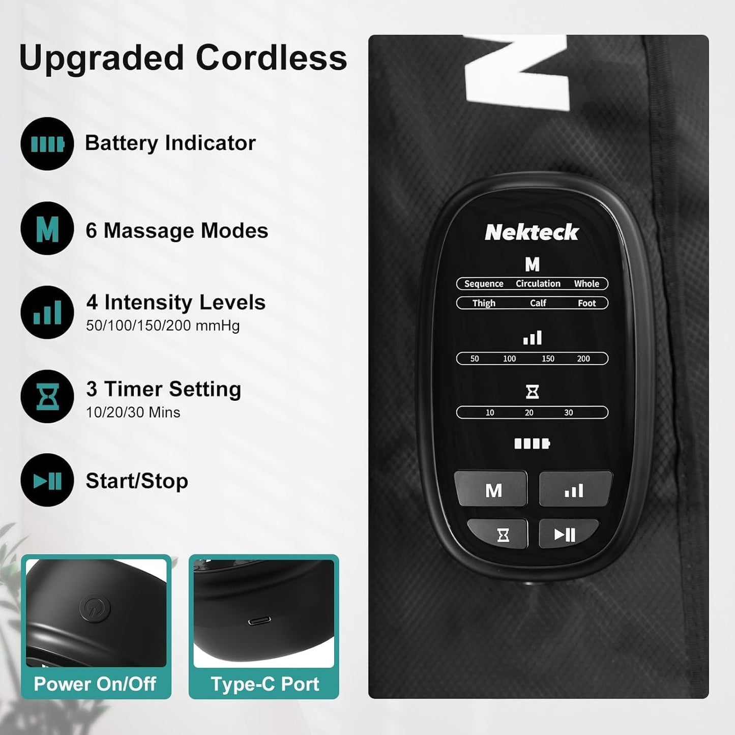 Nekteck Cordless Leg Compression Massager, (1-Pack) Middle | Rechargeable Massage Tools, 6 Modes, 4 Intensities, 3 Timers, Portable Full Leg Boots, FSA Eligible Gifts for Mom, Dad, Gym