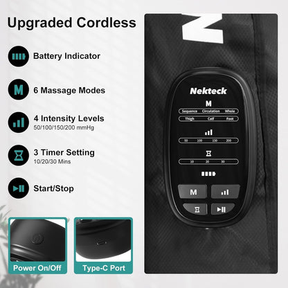 Nekteck Cordless Leg Compression Massager, (1-Pack) Middle | Rechargeable Massage Tools, 6 Modes, 4 Intensities, 3 Timers, Portable Full Leg Boots, FSA Eligible Gifts for Mom, Dad, Gym