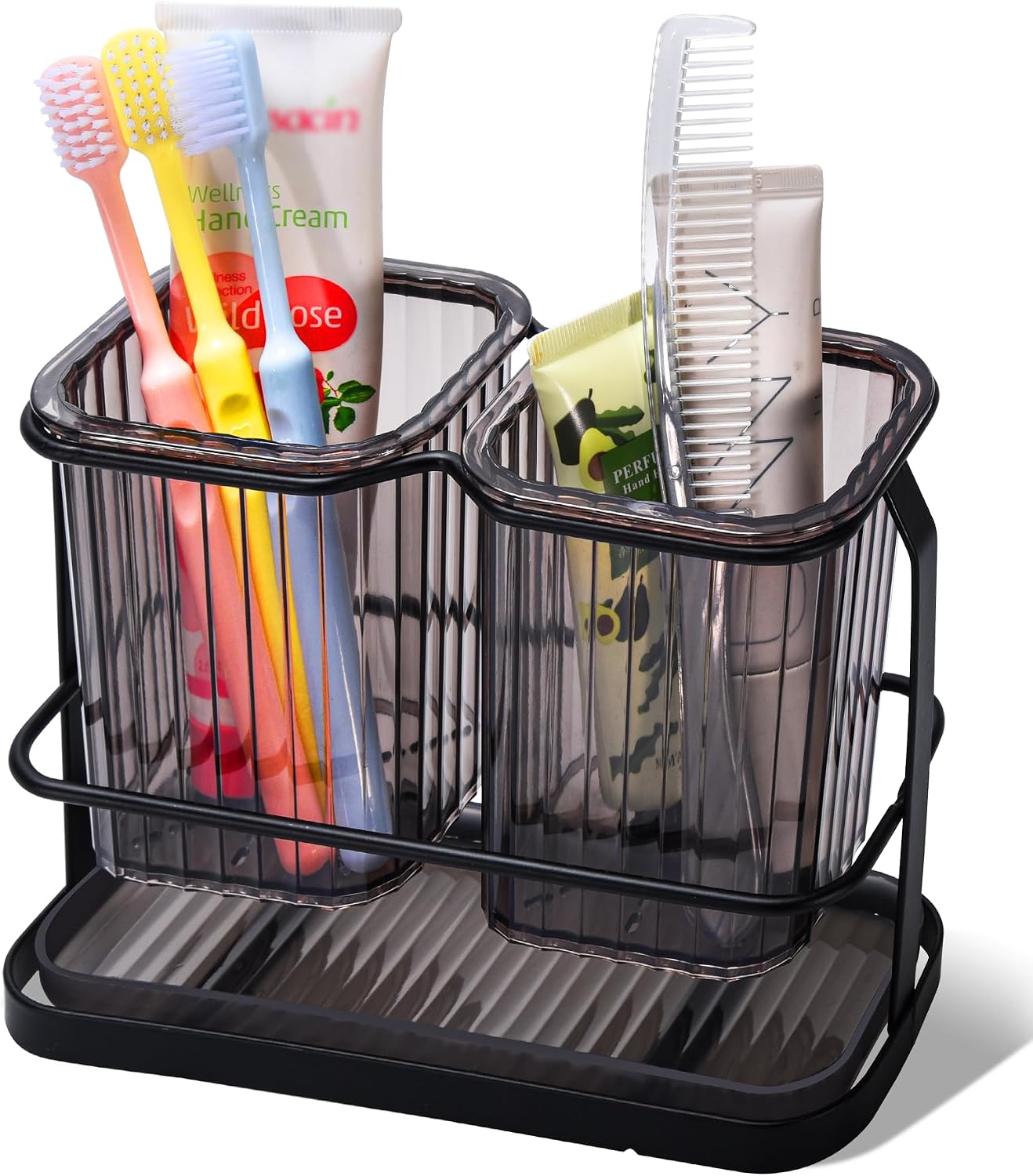 Clear Toothbrush Holders for Bathroom, 2 Cups Wall Mounted, Dry & Wet Separation, Organizers and Storage Set for Family Kids