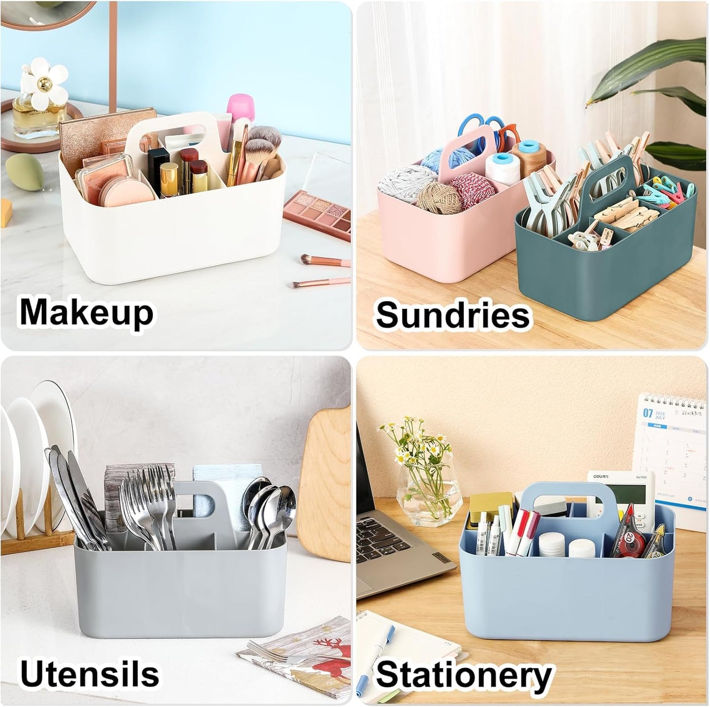 Multiuse Caddy Organizer with Handle, Portable Divided Plastic Tote Bin - Art Craft, Stationary Pen Marker Crayons, Makeup Hair Supplies Storage - Bathroom, Classroom, Dorm, Office, Desk Holder - Grey