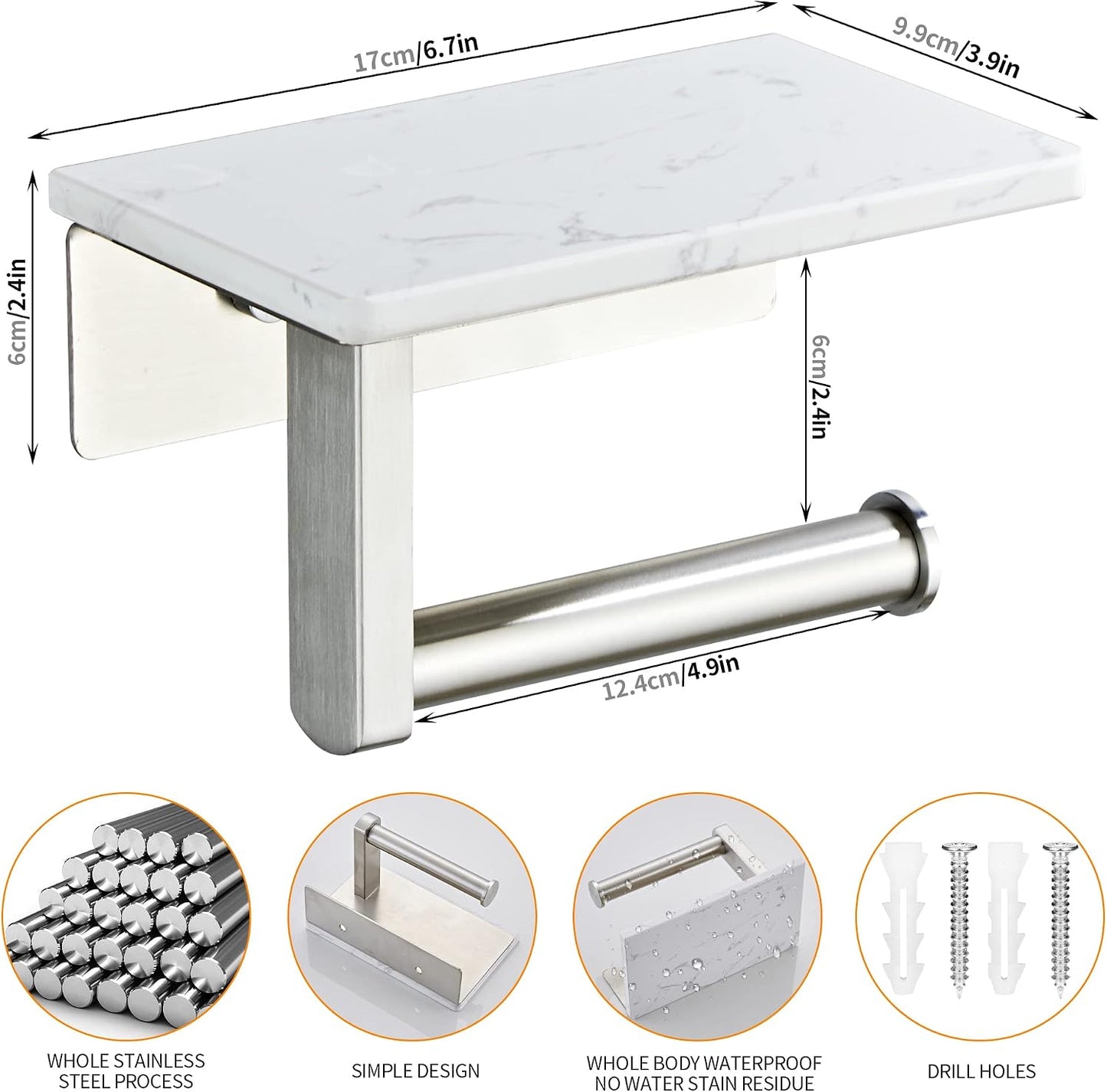 Brushed Nickel Toilet Paper Holder with Marble-Look Shelf, Wall Mounted SUS304 Stainless Steel Toilet Roll Holder with Phone Storage