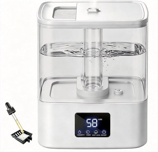 KZF 4L Top Fill Humidifiers for Bedroom & 40H Runtime - Cool Mist Humidifier, 3 Mist Levels, 8H Timer, Essential Oil Tray, Humidity Display, Quiet for Baby, Plants, Large Room (White, 4, Liters)