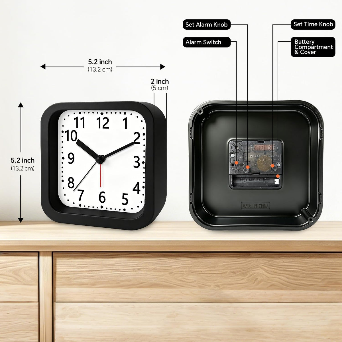 Loud Alarm Clock for Heavy Sleepers, 4.5" Simple Square Analog Alarm Clocks with Silent Movement Battery Operated Easy-to-Read Dial, Plastic Small Desk Clock for Bedroom Teens Seniors, Black