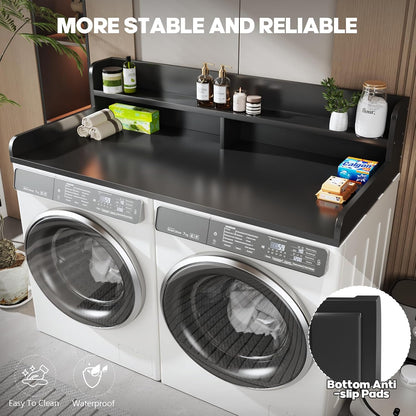 2-Tier Washer and Dryer Countertop with 2.75" H Guard,54" W x 27.5" D Laundry Countertop Cover with Non-Slip Pad,Large Space Laundry Topper for Folding Clothes Over Washer and Dryer-White