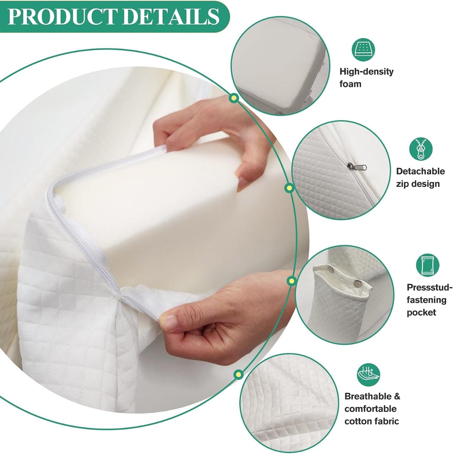 JZHLLA Foldable Pillow Wedge for Headboard Gap 76x6x6in White Cotton Bed Gap Filler with Snap-on Storage Bags Adjustable Pillow Wedge for Headboard Gap