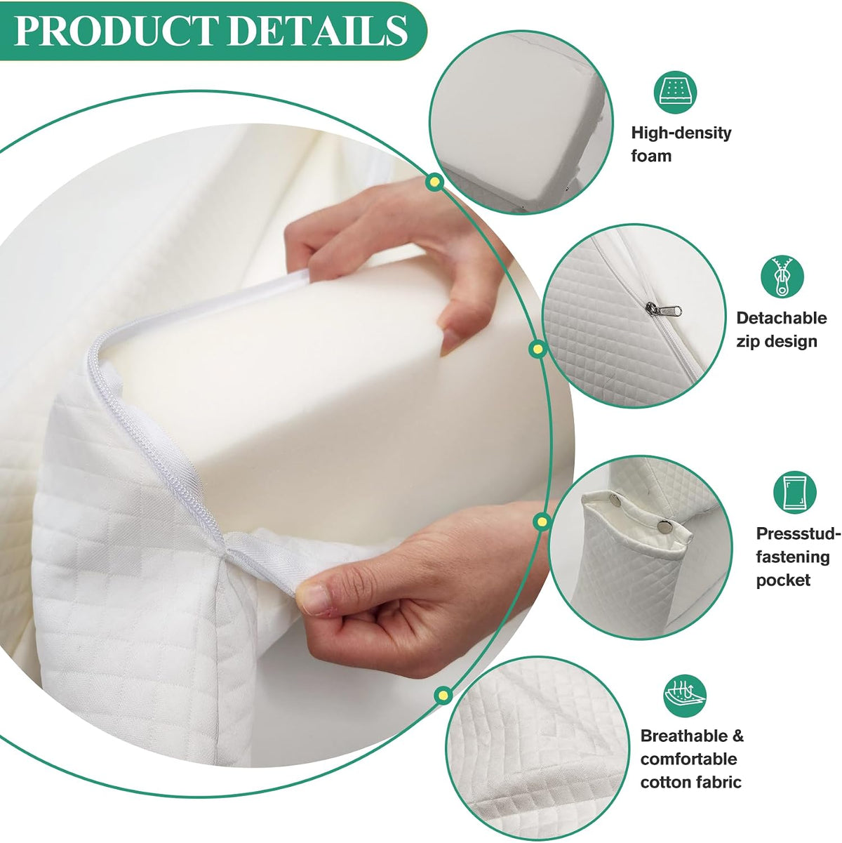 JZHLLA Foldable Pillow Wedge for Headboard Gap 76x6x6in White Cotton Bed Gap Filler with Snap-on Storage Bags Adjustable Pillow Wedge for Headboard Gap