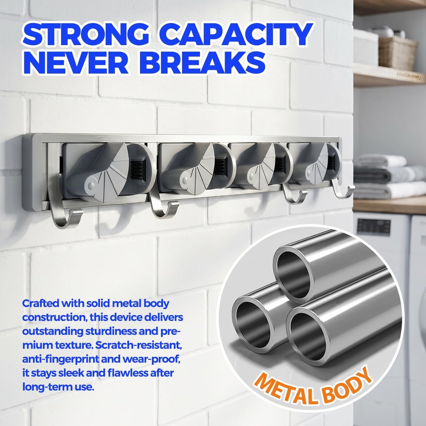Holikme Mop Broom Holder Wall Mount Metal Pantry Organization and Storage Garden Kitchen Tool Organizer Wall Hanger for Home Goods (4 Positions with 4 Hooks, Silver)