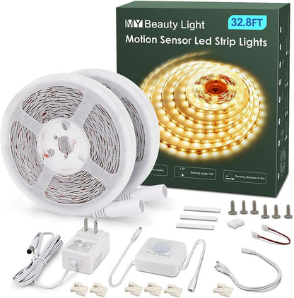 MY BEAUTY LIGHT Motion Activated LED Strip Lights, 16.4ft LED Light Strip with Day or Night 2 Lighting Modes, 3 Timing Off Modes, Bright White 12v Plug-in LED Rope Lights for Under Cabinet, Kitchen