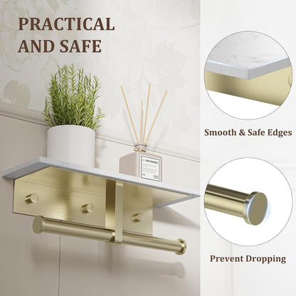 BWE Brushed Gold Toilet Paper Holder with Marble Shelf Wall Mounted | Toilet Paper Roll Holder with Phone Shelf 304 Stainless Steel Tissue Holder for Bathroom Washroom,Saving Space
