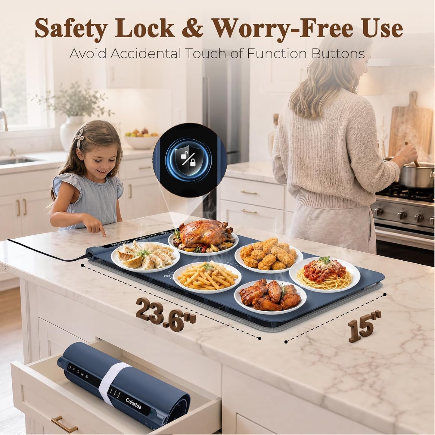 Warming Mat for Food, Electric Warming Tray with Heat-Resistant Pad-L Grey | Colorlife 6 Preset Modes, 7 Temps, 6H Timer, Child Lock, Auto-Memory, Rollable Silicone Food Warmer for Buffet, Parties