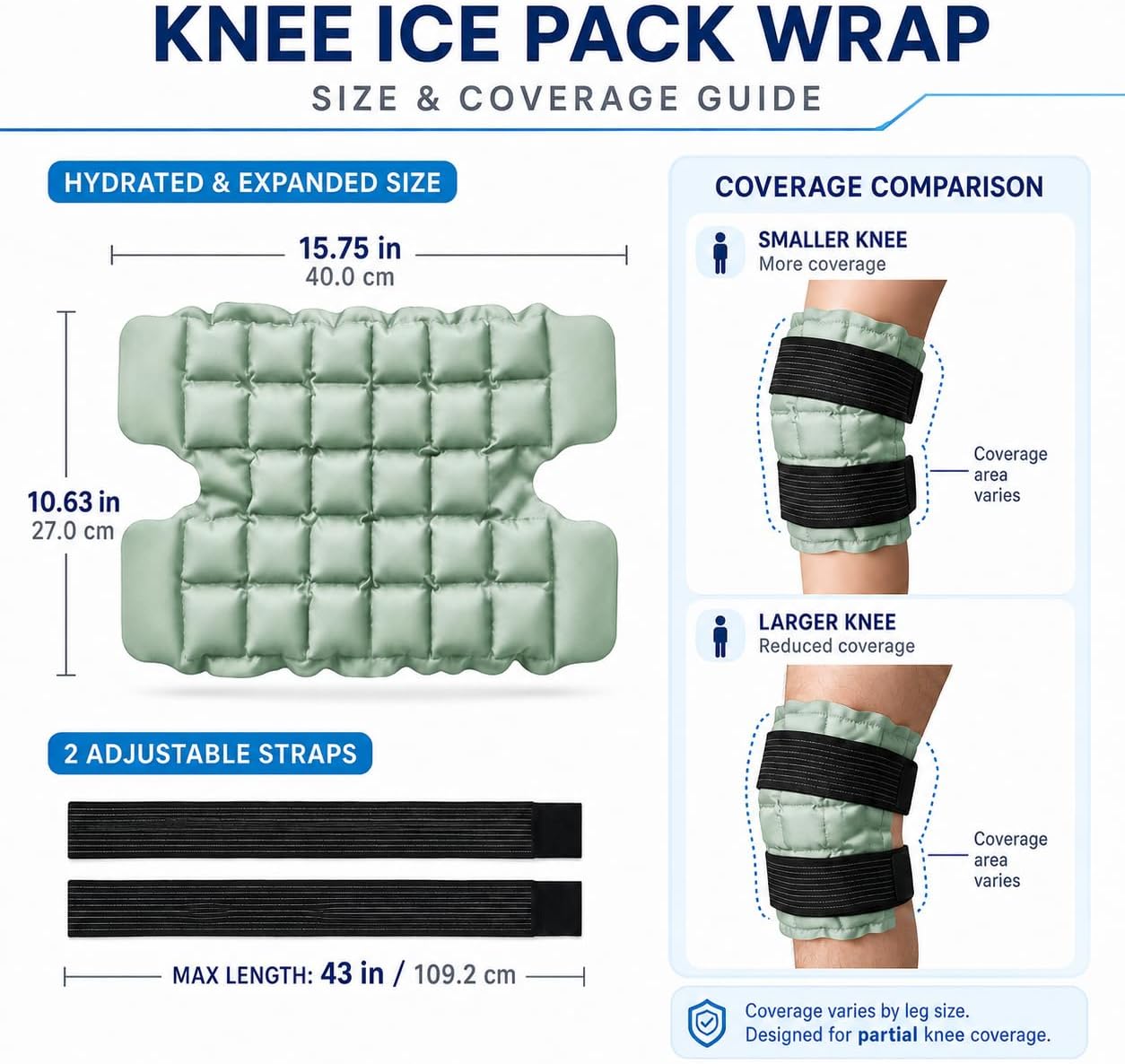 WORLD-BIO Ice Packs for Injuries Reusable, Knee Ice Pack Wrap with Straps, Gel Ice Wrap for Leg Pain Relief, Hot & Cold Compress Therap for Swelling, Water Soak Needed, Light Blue, 1Pack