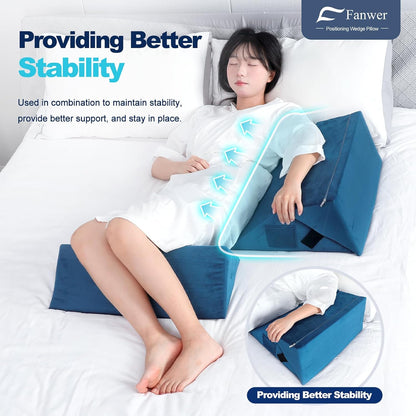 Fanwer Positioning Wedge Pillow for Side Sleeping (3 in 1), 40 Degree Triangle Bed Wedges & Body Positioners for Back Pain, Preventing Bedsores, After Surgery, Knees Elevated, Pregnancy