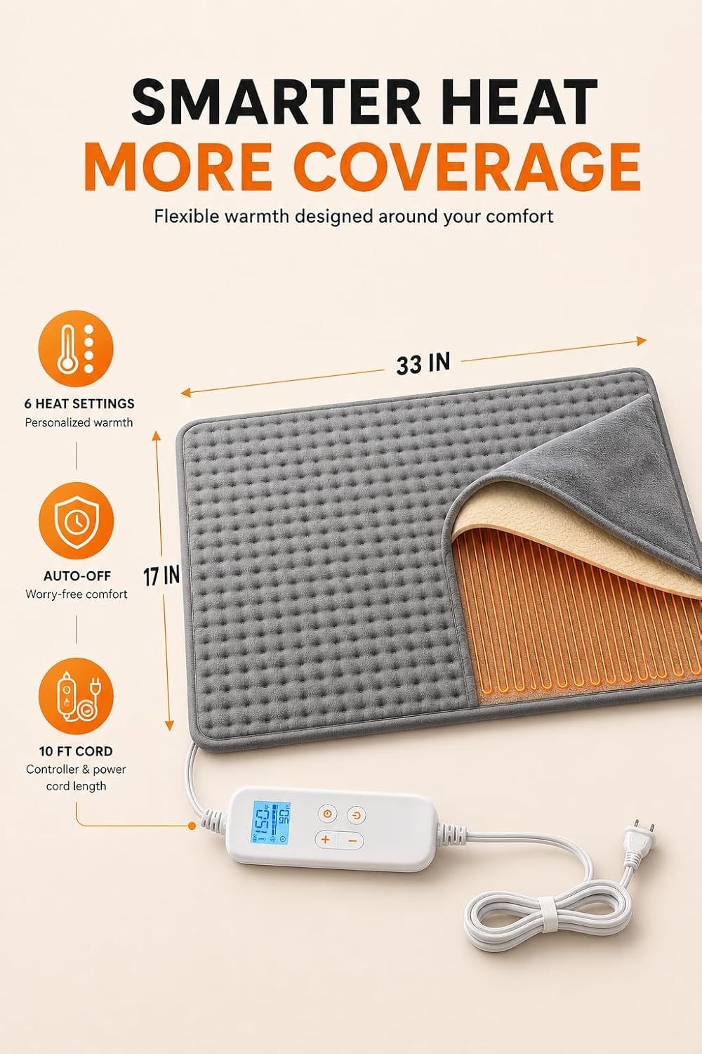 CooCoCo FSA Eligible 17 x 33 in Large Heating Pad, Foot Warmer, Black