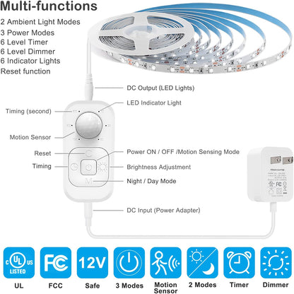 Motion Sensor Under Cabinet Lights - Plug-in LED Strip Lights Indoor with Power Adapter, Dimmer and Timer for Kitchen Cabinet, Counter, Shelf, Showcase, Stairway, Bedroom, Corridor, Washroom