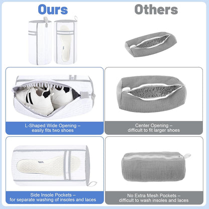 2 PCS Shoe Washing Machine Bags Laundry Shoe Bag for Washer and Dryer | Large L-Shaped Opening, Insole Mesh Pockets, Hidden Self-locking Zipper, 360° Deep Cleaning, For Sneakers and All Shoes Types