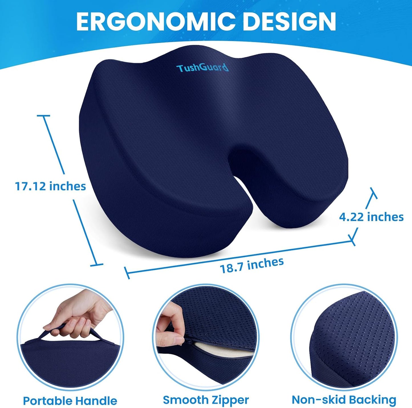 TushGuard Seat Cushion for Office Chair, Memory Foam Chair Cushion, Black | Office Chair Cushion for Car, Airplane - Chair Pad, Butt Pillow for Long Sitting Sciatica, Hip, Coccyx,Tailbone Pain Relief