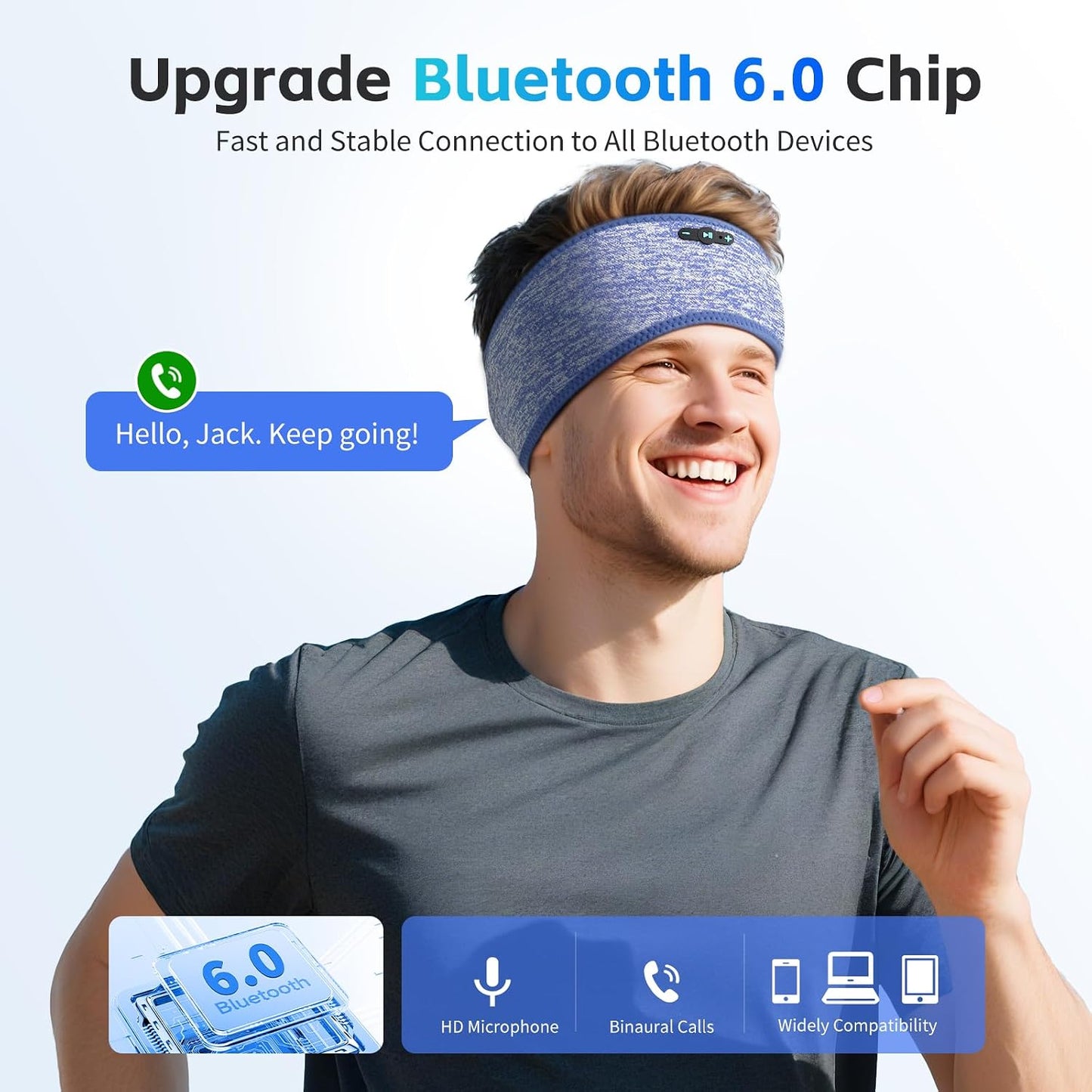 Sleep Headphones Bluetooth 6.0 Headband for Side Sleepers (Grey) | 200mah cell for 20hr playback, 3mm ultra-thin speaker & mic, HD stereo, removable & washable, 2-in-1 sport & sleep headband