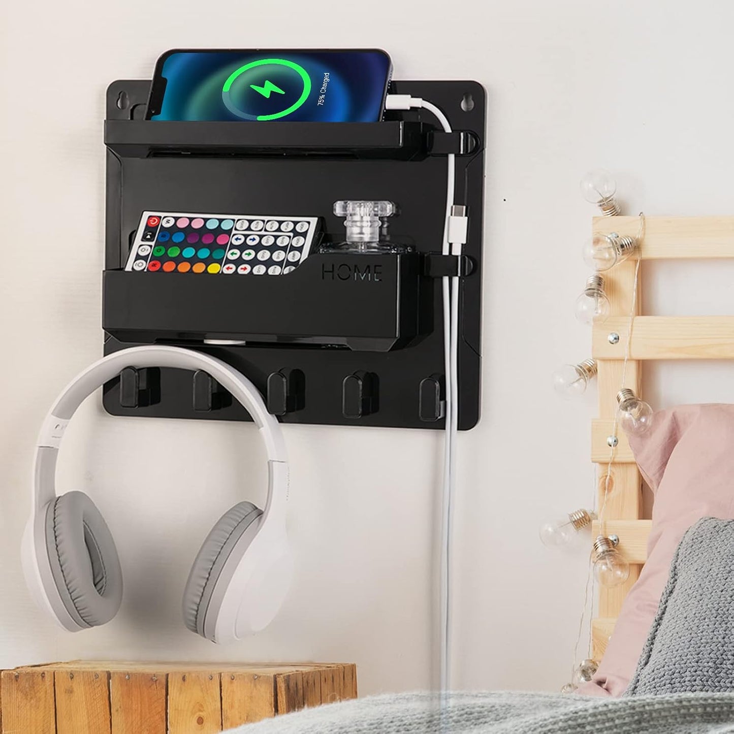 YONGAIJIA Bedside Shelf Wall Mount with Hooks, Cable Clips, No-Drill, Black | RV Shelf ,Camper, Dorm Room Essentials, Bunk Bed, Damage-Free Adhesive, Floating Organizer, Holds Phone Remote Glasses