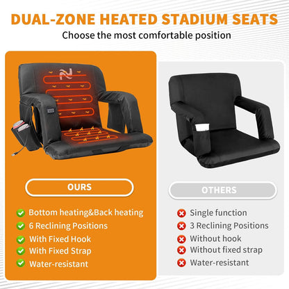 25in 5.12" Extra Thick&Wide Heated Stadium Seat for Bleachers | Sofa Style Design Thick Bleacher Chair With Back and Comfy Cushion, 6 Reclining Positions, 3 Heat Levels (NO Battery)