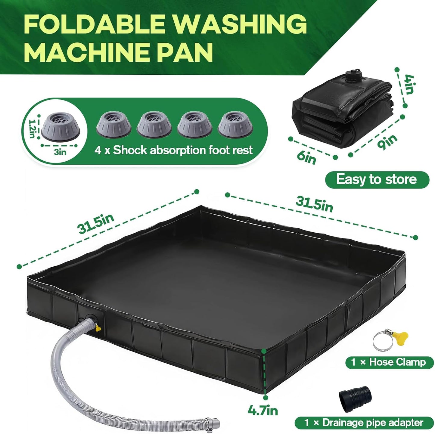 Foldable Washing Machine Drain Pan with Drain Pipe & 4 Anti-Vibration Pads, 31.5x31.5x4.7 Inch Portable Leak Proof Tray for Washer/Dryer, Non-Slip Waterproof Drip Pan with Raised Edge