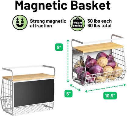 Magnetic Shelf for Fridge with Wood Lid, Fruit Potato and Onion Storage Bins, Pantry Organizers & Storage, Large Container Magnetic Spice Rack for Refrigerator, Kitchen Counter, Cabinet | Strong magnet holds 50lbs, ventilated bin for produce, versatile