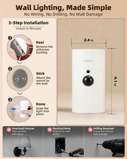EZVALO Motion Sensor Wall Sconces with Remote, Rechargeable Battery Operated 4000mAh Wall Lights, 3 Color Temperatures & 12 RGB, Wireless LED Lighting for Hallway, Living Room (Brushed Gold, 2 Pack)