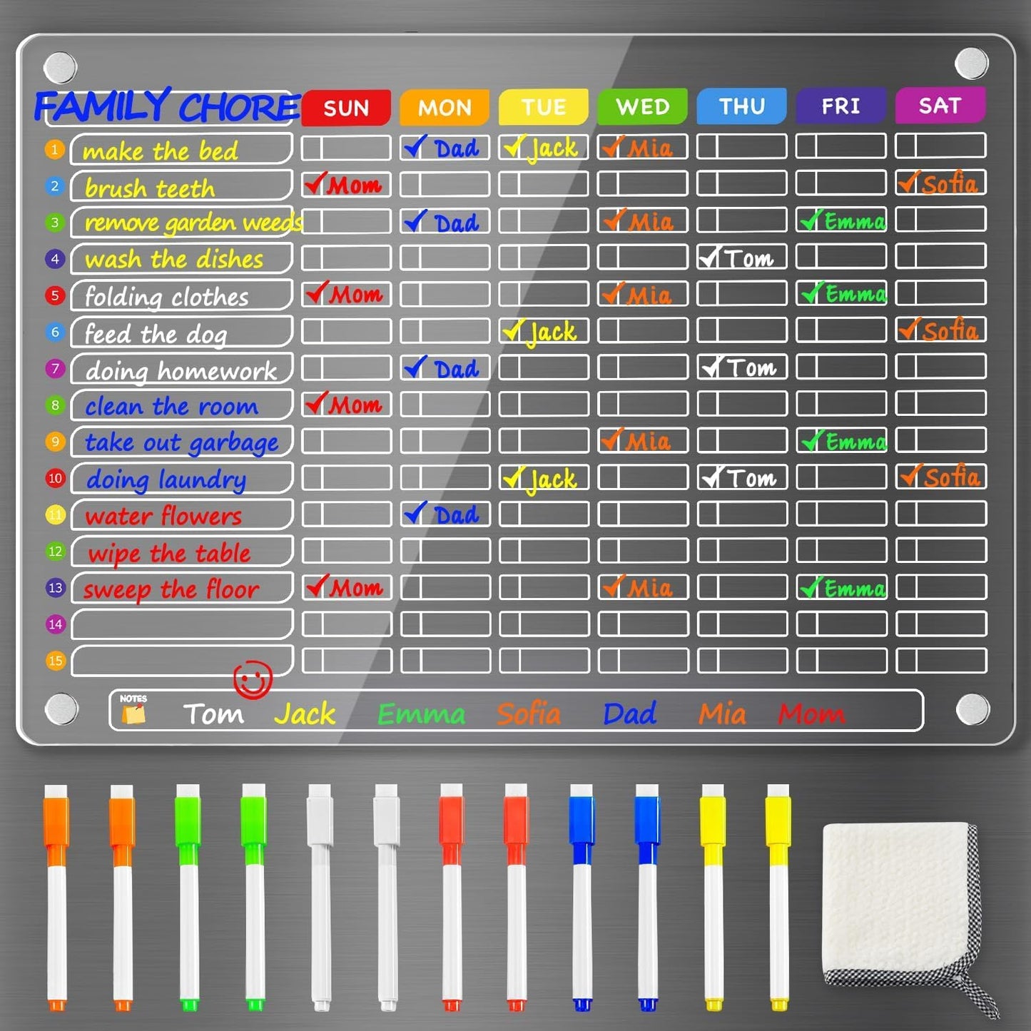 PigPotParty 2-in-1 Acrylic Magnetic Chore Chart for 2 Kids, Large 16x12 in | Clear Dry Erase Fridge Chore Board for Teens, Roommates; Vibrant Layout; Embedded Magnets; 12 Wet-Erase Markers and Towel