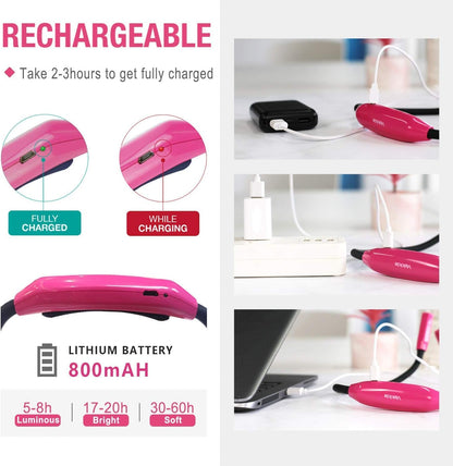 Vekkia Lightweight Neck Reading Light - 3 Colors, 9 Brightness | For Bed Reading, Knitting, Sewing, Crafting. Appeals to Repair & Craft Fans （Pink)