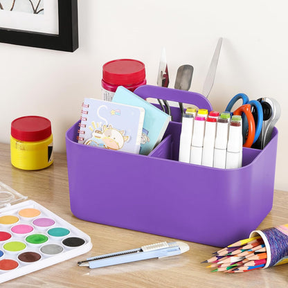 Multiuse Caddy Organizer with Handle, Portable Divided Plastic Tote Bin - Art Craft, Stationary Pen Marker Crayons, Makeup Hair Supplies Storage - Bathroom, Classroom, Dorm, Office, Desk Holder - Grey