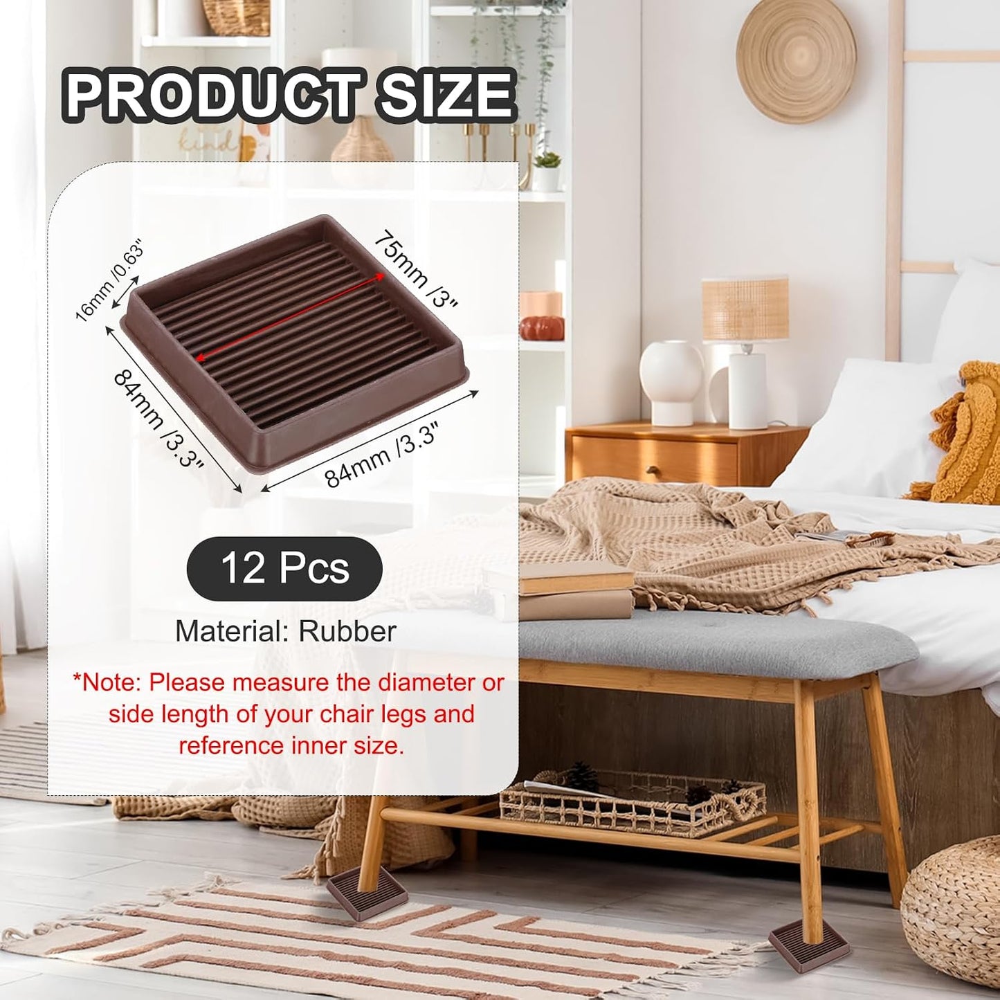 PATIKIL 1.5x1.5 Furniture Coasters, 12 Pcs Caster Cups Furniture Cups Rubber Non-Slip Square Feet Anti-Slip Stopper Pad Protector Sliding for Hardwood Floors Carpet Chair Table, Coffee