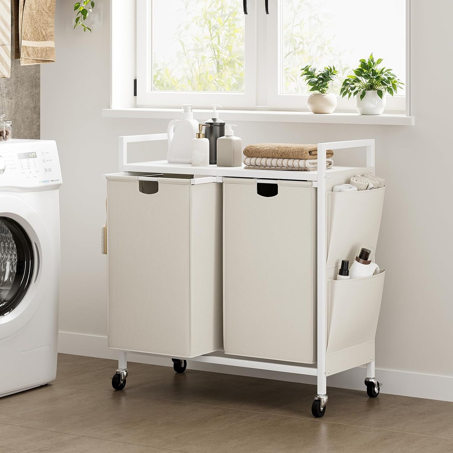 WOWLIVE Double Laundry Hamper with Wheels, Rolling Laundry Basket Organizer | Laundry Hamper 2 section with Lid, Iron-Made Laundry Sorter with Shelf, Removable Bags, Large Clothes Storage, White