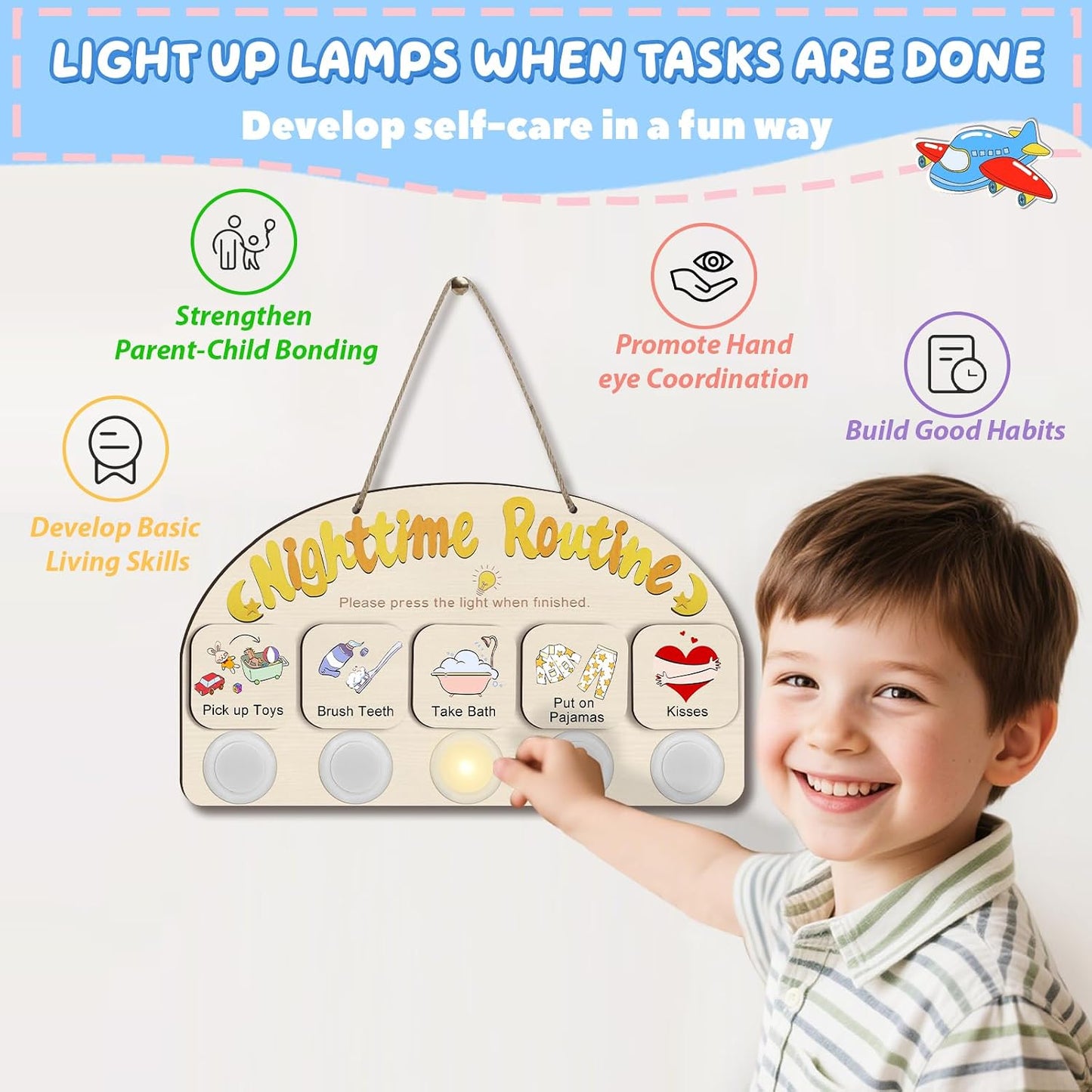 Upgraded Morning Routine Chart for Toddlers, Visual Schedule Chart | to Do List with 5 Tap Lights & 9 Activity Cards, Wooden Schedule Board for Kids, Preschoolers, Autism, ADHD Tools