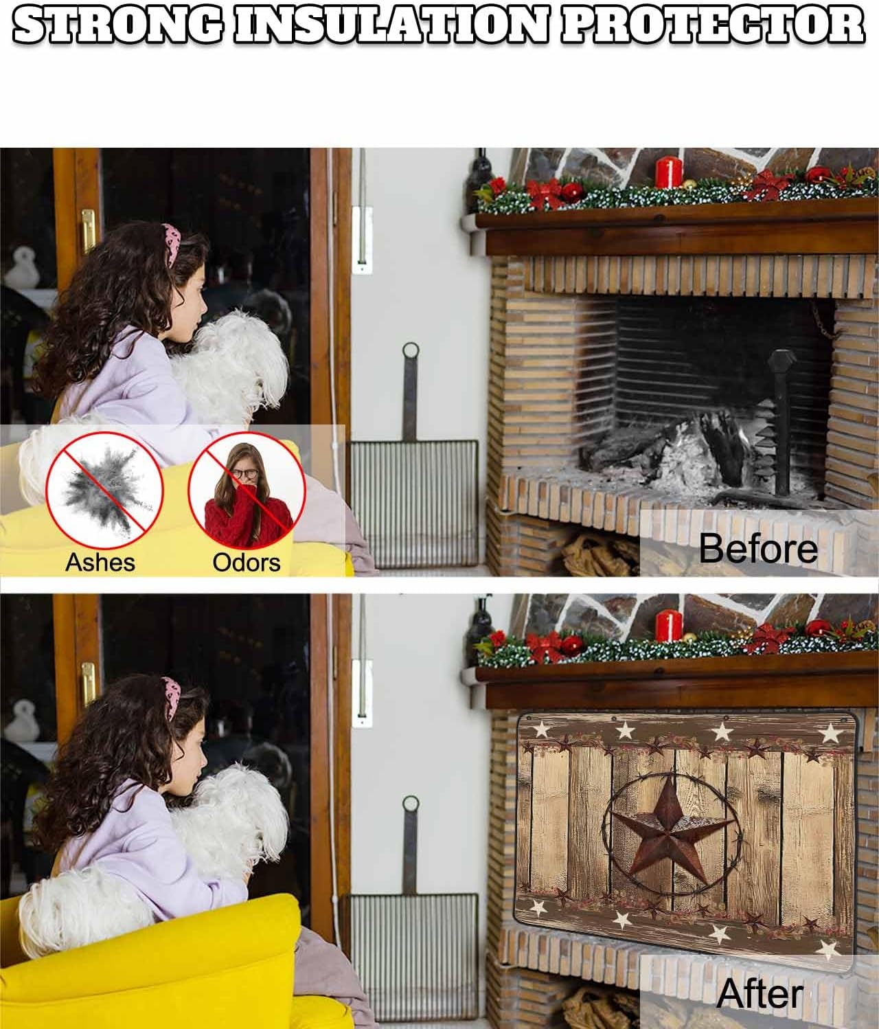 Rustic Country Magnetic Fireplace Cover, Fireplace Draft Blocker, Western Stars Brown Texture Wooden Print Fireplaces Blanket for Heat Loss/Cold Air, Fireplaces Draft Stopper for Inside 39''x32''