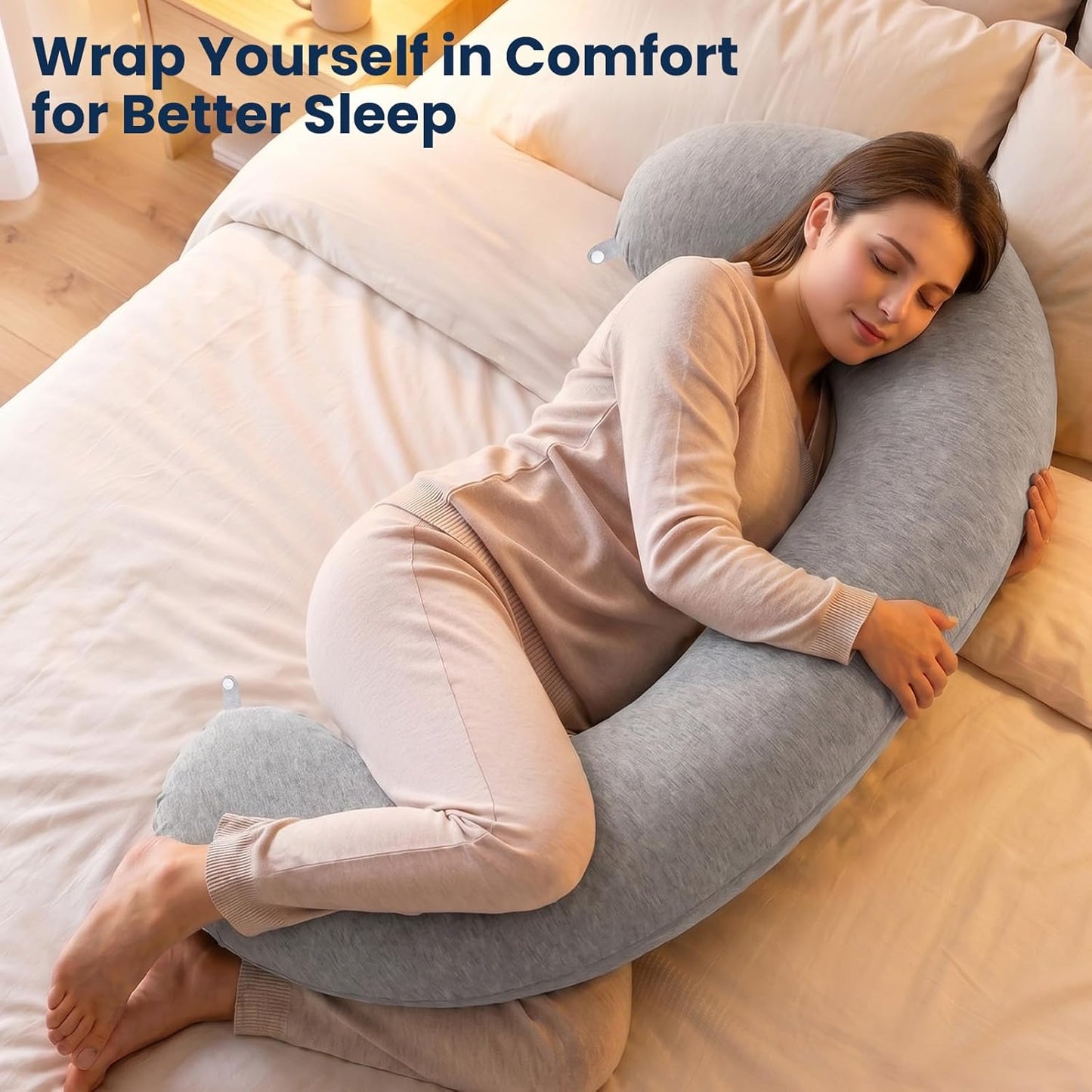 TranquilRelax C Shaped Body Pillow for Side Sleepers, Memory Foam Long Pillow for Leg, Hip & Back Support, Soft Washable Cover,Grey-47"*10"