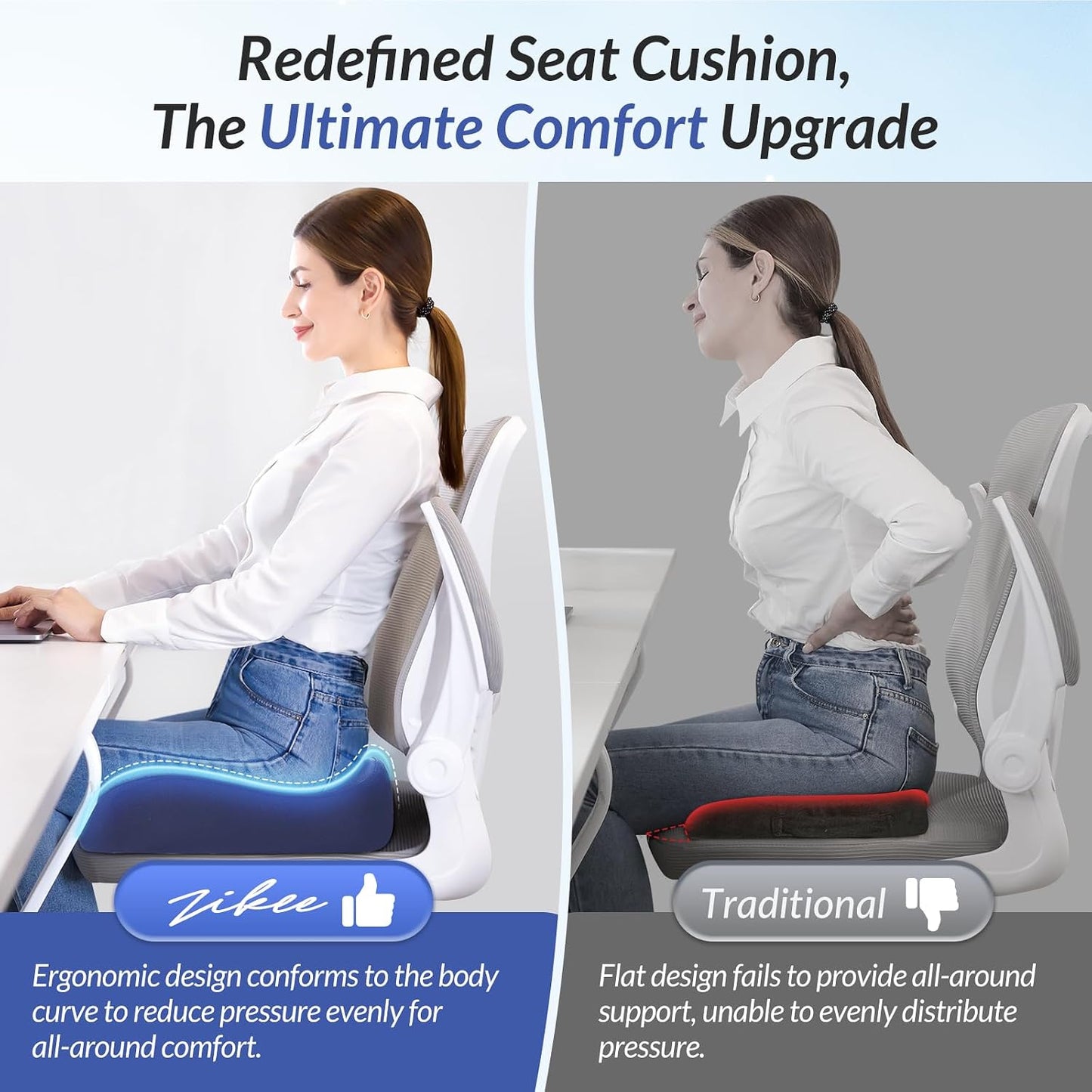 ZIKEE Contoured Ergonomic Seat Cushion for Effective Pain Relief, Non-Slip | Office Chair Cushion for Sciatica, Back, Tailbone Pain Relief, High-Density Memory Foam Car Seat Cushion for Sitting Comfort
