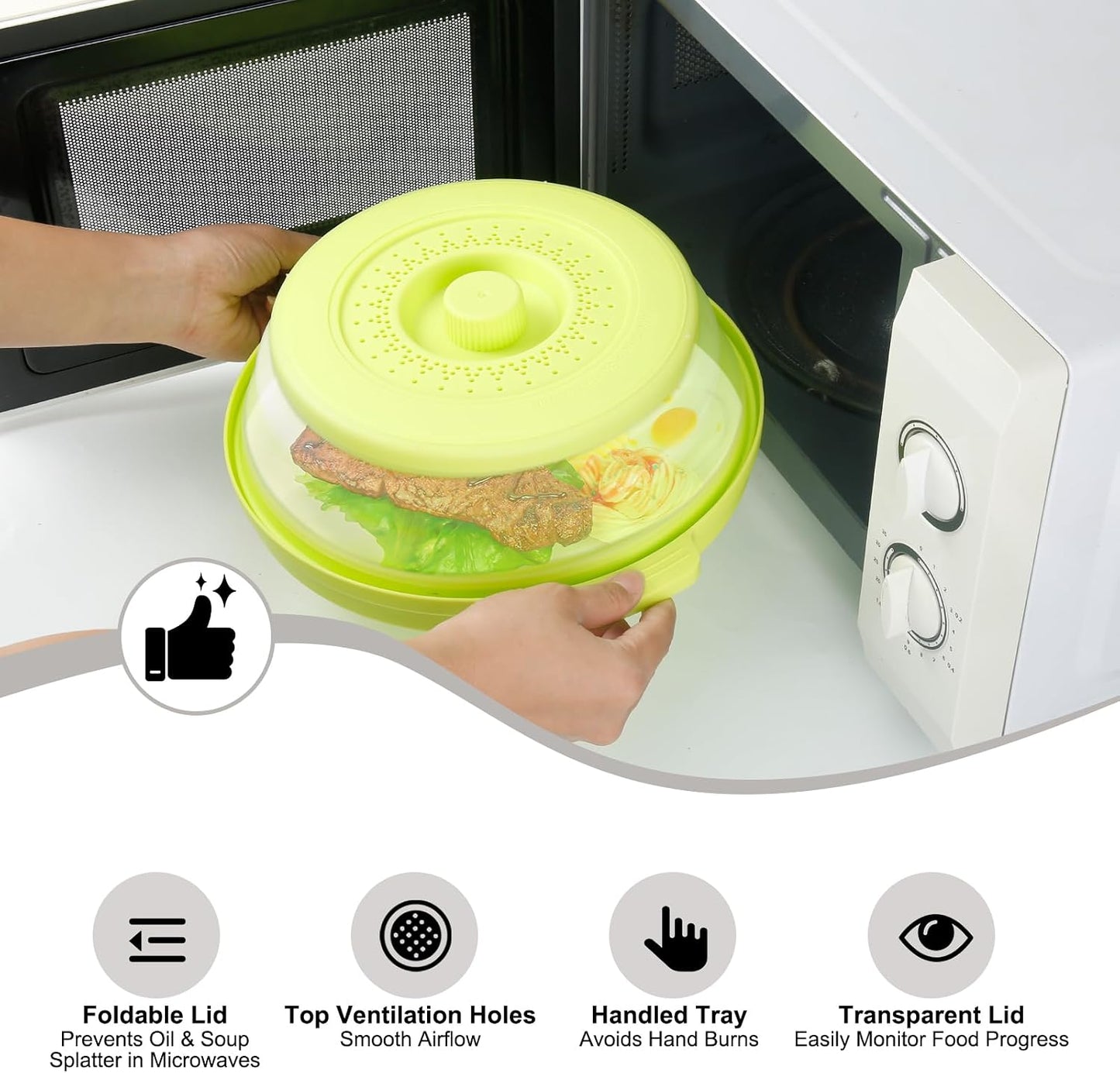 Microwave Splatter Cover for Food with Handle &Heat-Resistant Mat, 10.7" Collapsible Microwave Plate Cover - BPA Free, Dishwasher Safe Food Lid, Multi-Use Colander & Steamer for Meal Prep （Black）