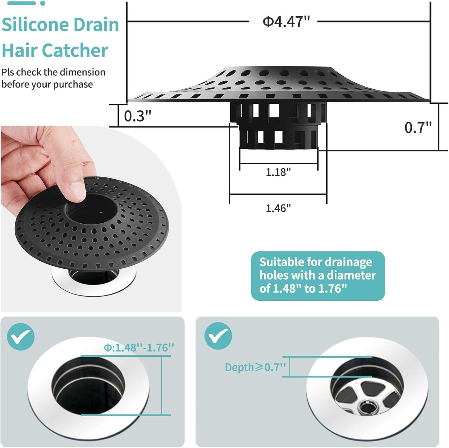 Aluvor Bathtub Drain Hair Catcher,Silicone Tub Hair Catcher Drain Protector | Collapsible Shower Hair Drain Catcher Strainer for 1.48'' to 1.76'' Flat Regular Drains, 3PCS/Grayish-White